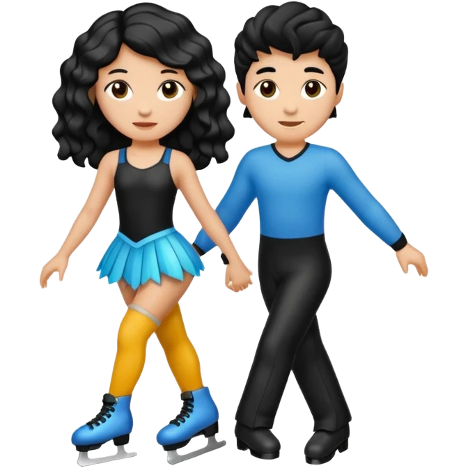 una patinadora con pelo negro largo y ondulado en las puntas con un mallot de color patinando en pareja emoji