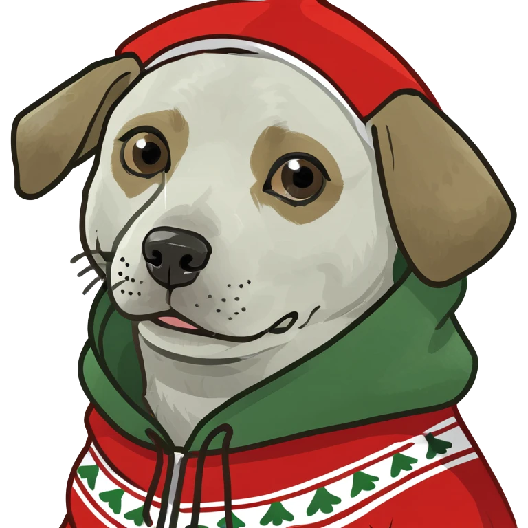Dog wearing Christmas sweater with a hoodie emoji