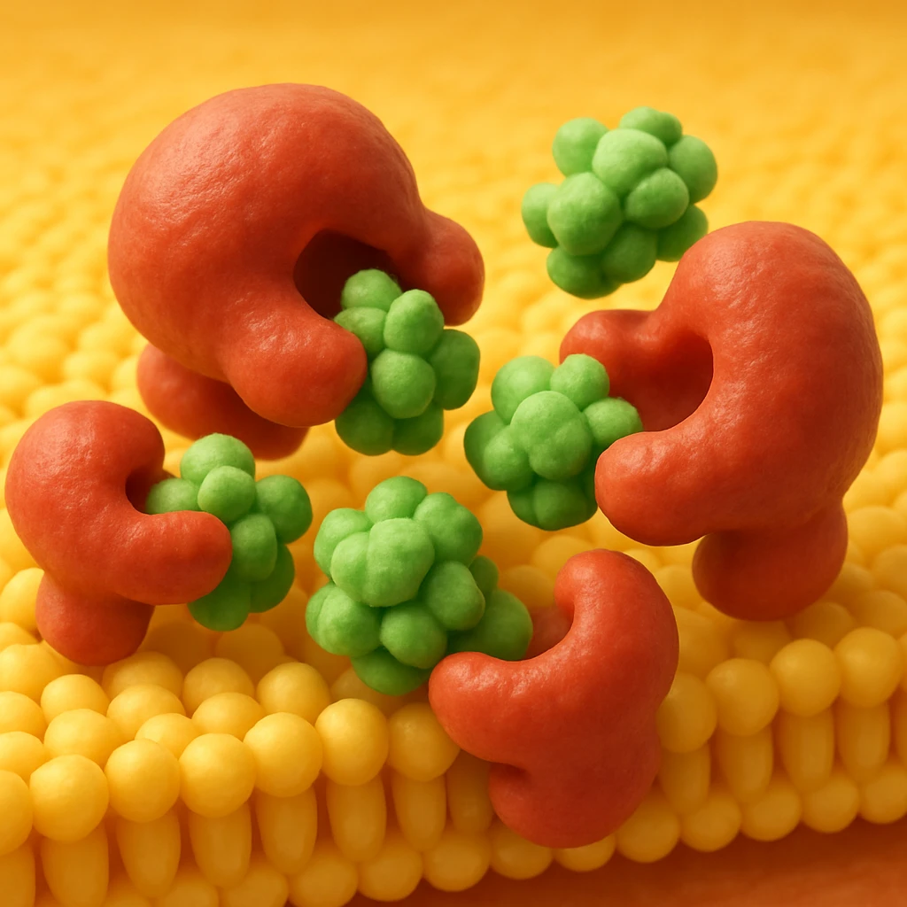 A realistic 3D render and really detailed of enzymes (red) breaking down starch (green) near a cell membrane (yellow). Macro photography style. No labels. emoji