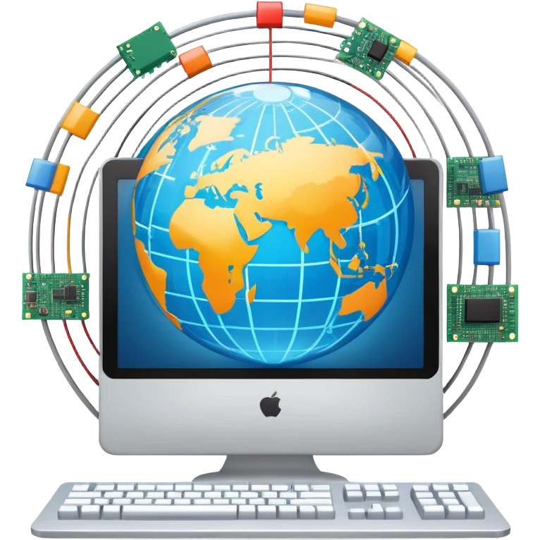 An icon featuring a computer monitor displaying code, a globe with network nodes, and a circuit board, symbolizing IT. The design includes data streams, cloud storage, and a keyboard, representing digital innovation, connectivity, and problem-solving. Transparent background emoji