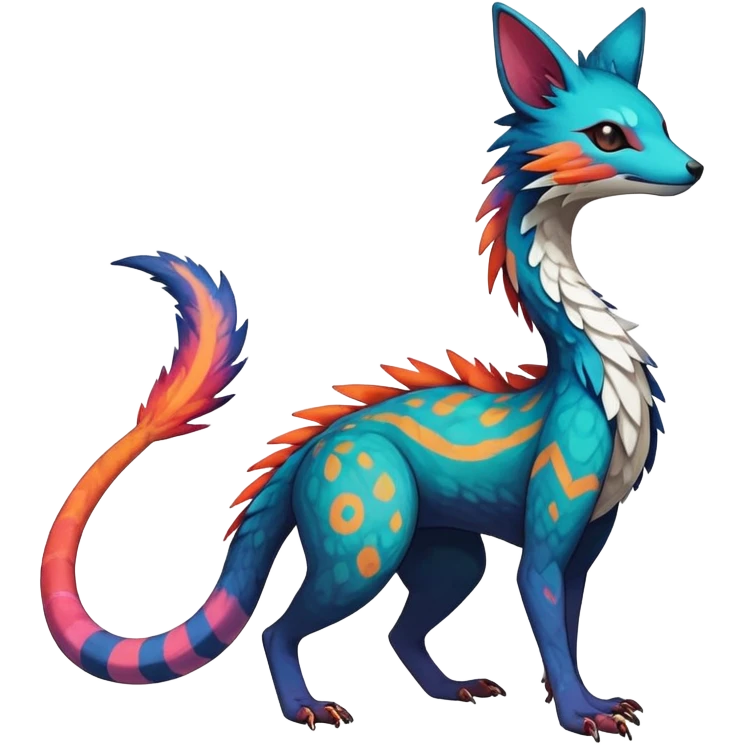 Rare realistic exotic edgy epic pretty beautiful handsome gorgeous aesthetic colorful vibrant Vernid-Trico-species-Fakemon-creature by LiLaiRa, 4 legs, 1 tail, random markings, (full body) emoji