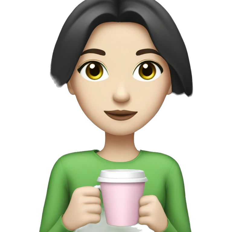 girl with pale skin, very long dark black hair and green eyes and light pink outfit drinking a latte emoji