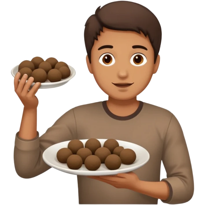 guy holding a plate of brown mud balls, eating emoji