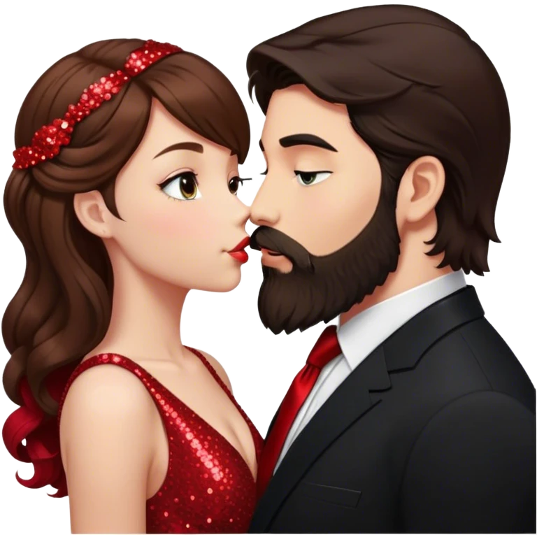 Guy with dark hair and a nice beard kissing a pretty girl with long brown hair that is curled. He is wearing an all black suit with a red tie and she is wearing a red sparkly dress emoji