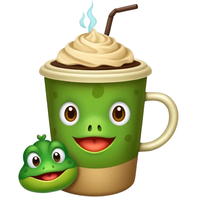 Un sapo tierno con un laso de color verde claro y un vaso de café frío  emoji