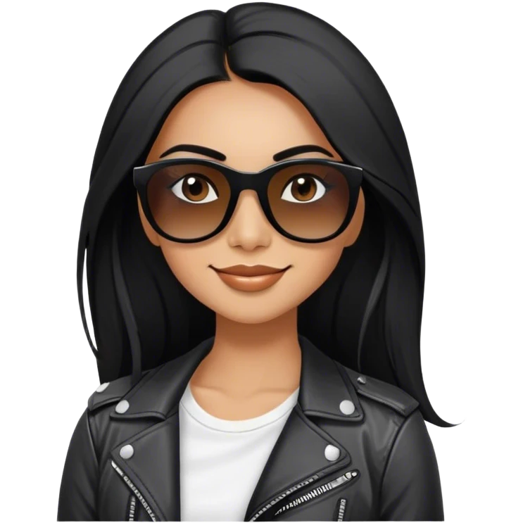 beautiful fit woman, with long straight black hair, with make up, black eye liner, smile mooth close, mexican, brown skin, wearing white tee, wearing leather black jacket, solar black wayfarer on the tip of the nose emoji
