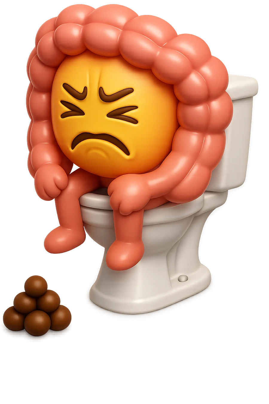 SU QUESTO STILE FAI UN EMOJI STILE IPHONE 3D DI UN INTESTINO CHE sta seduto sul wc e davanti ha una montagnetta di feci a palline stile emoji iphone, FAGLI UN ESPRESSIONE di dolore mentre si sforza E FALLO MOLTO REALISTICO IN 3D emoji