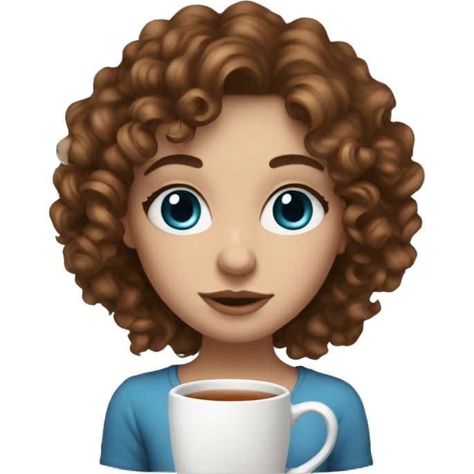 white skin girl brown curly hair blue eyes sipping tea from mug emoji