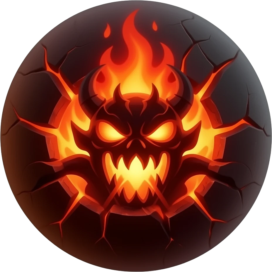 A demonic Hellball floating in darkness, glowing with fiery cracks. It suddenly opens, releasing red flames and dark energy, pulling in a shadowy creature before snapping shut with a bright flash. Embers and smoke swirl around, cinematic lighting, black background, smooth animation. emoji