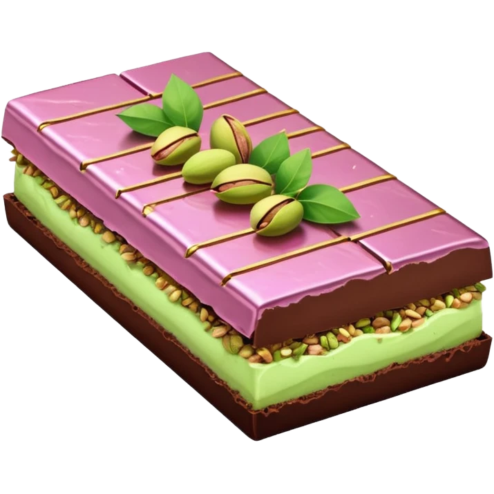 chocolate partially wrapped in elegant pastel pink foil, the top half broken to reveal rich pistachio cream and crispy kataifi strands inside, glossy chocolate surface, detailed texture emoji