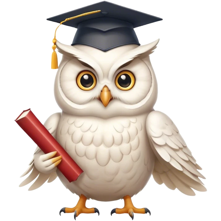 happy white Owl dancing with graduation hat and diploma in claws emoji