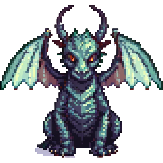 Make the wings even bigger on this black dragon with two medium horns, keep pixel art style and no background. emoji