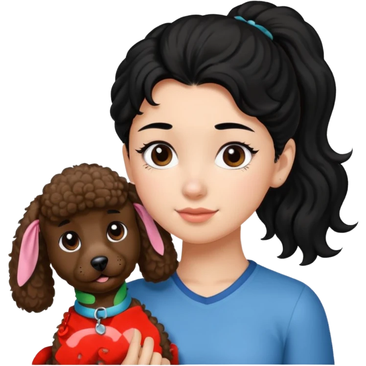 Ponytail black hair girl with brown Poodle say goodbye  emoji