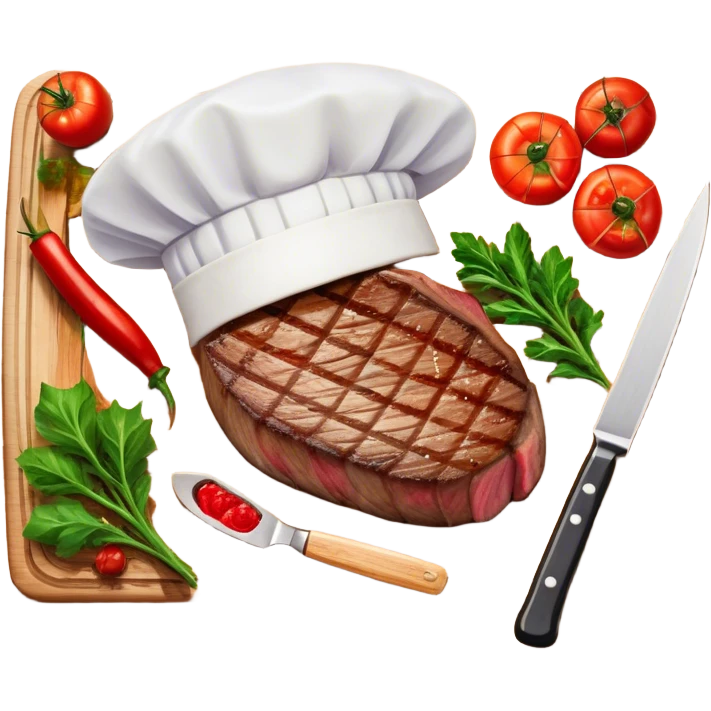 A photorealistic icon featuring a chef's hat, a cutting board with fresh ingredients, a knife, a plate with a well-plated dish, and a beautiful ribeye beef steak. Bright, detailed design with realistic textures and lighting. Transparent background, clearly symbolizing cooking and culinary arts. emoji