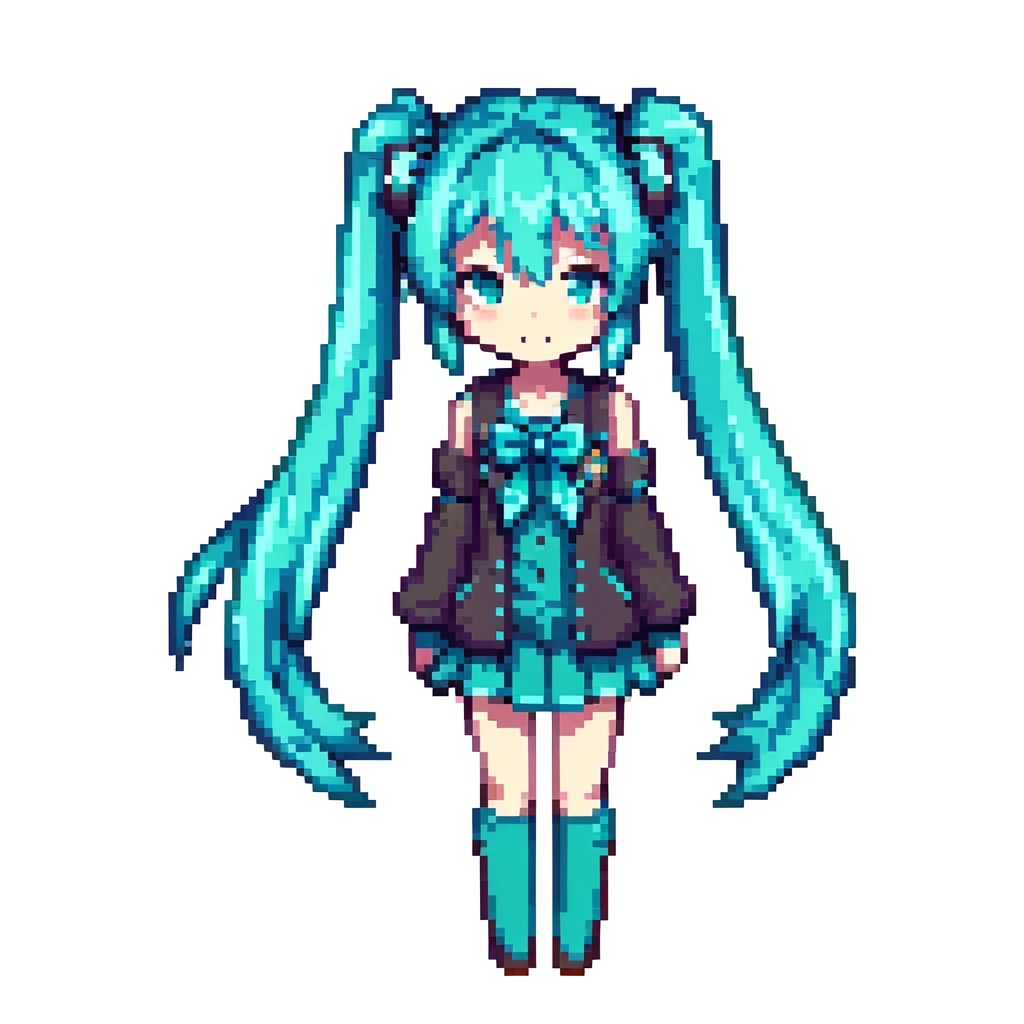 Hatsune Miku with teal twin-tails, anime character in pixel art style emoji