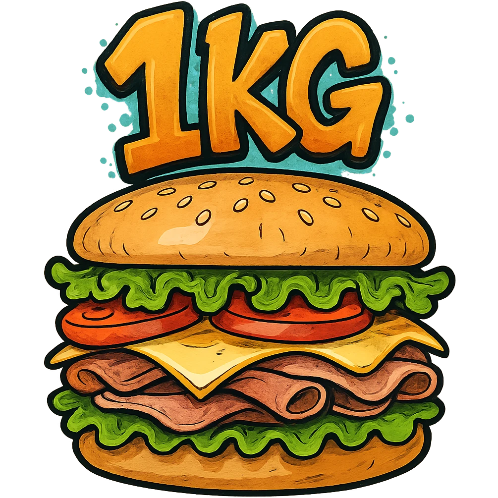 giant sandwich with '1kg' in a graffiti-style playful font emoji