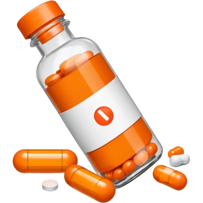 Motrin medicine bottle on it’s side with a couple of orange pills spilling out emoji
