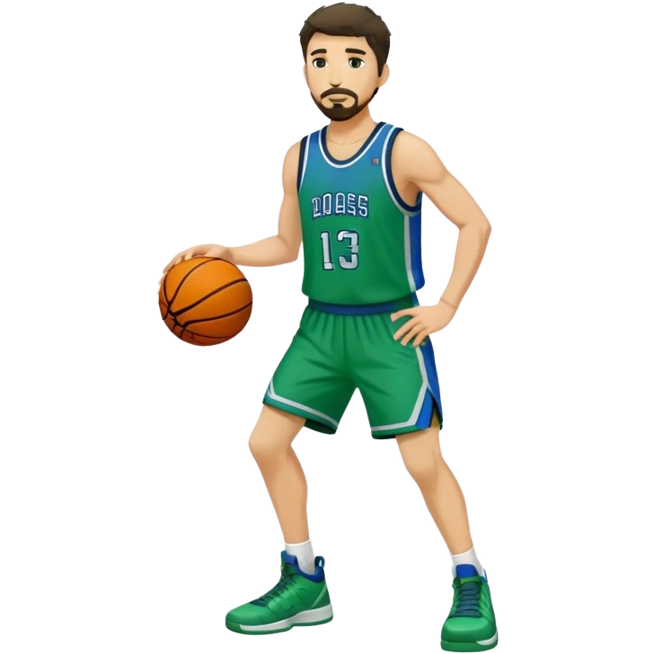 Full Body white male basketball player with short dark shaggy hair and goatee wearing blue and green uniform emoji