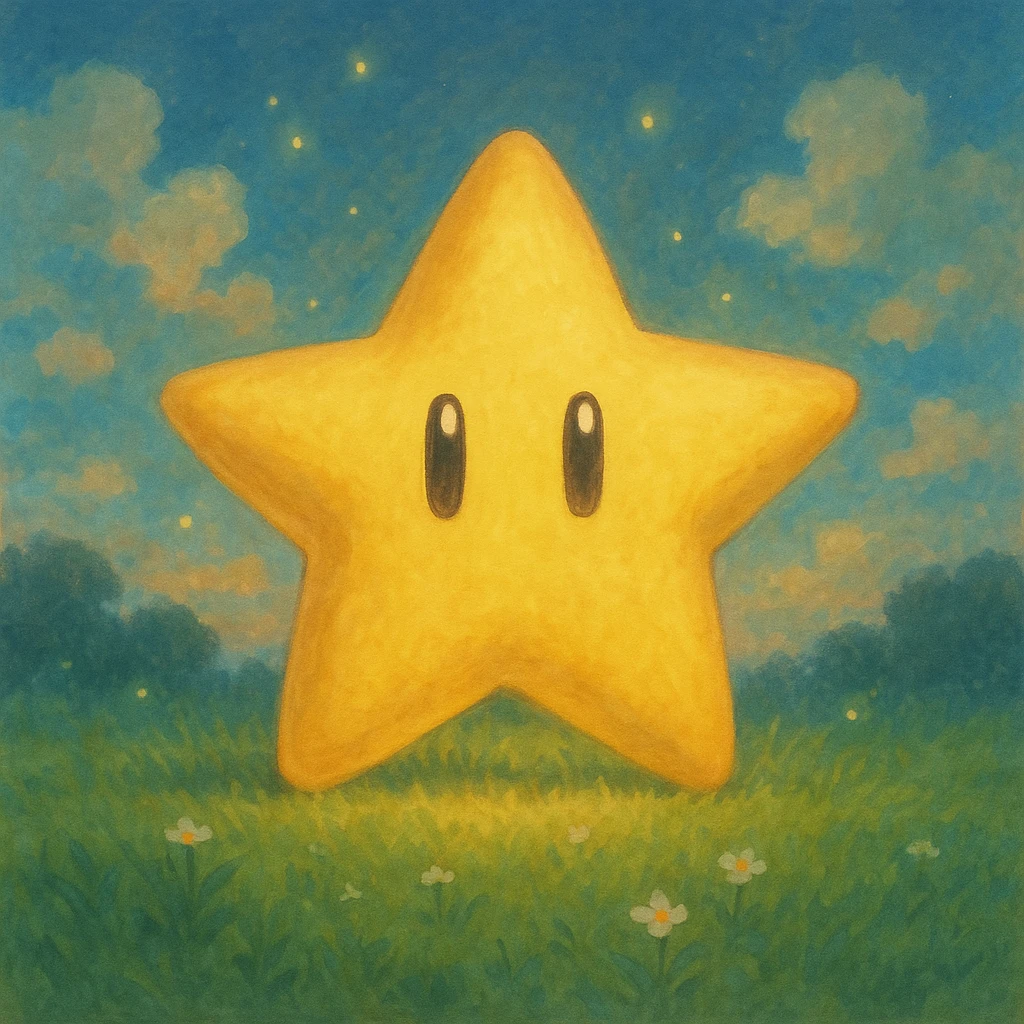 Mario star, soft painterly look, gentle lighting, whimsical atmosphere emoji