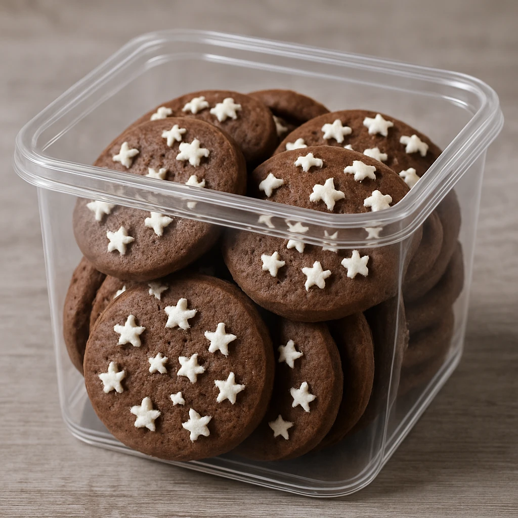 photo realistic Italian Pan di Stelle cookies in a transparent box, white sugar stars emoji