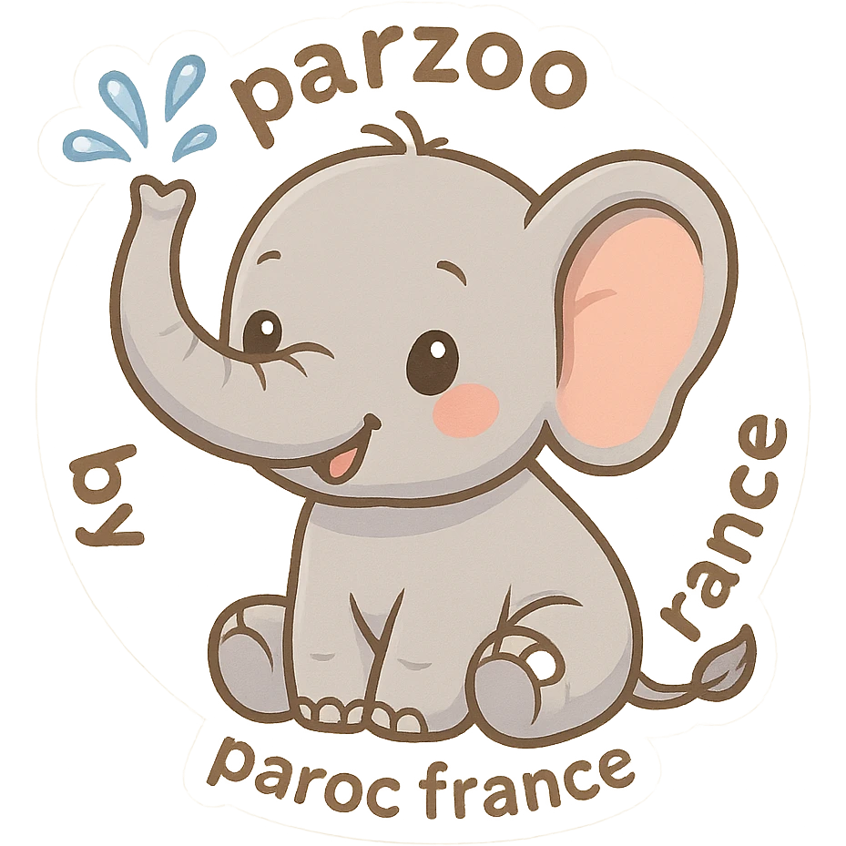 Logo avce un éléphant qui projette de l'eau avec au tour ( en rond ) écris : parzoo by paroc france  emoji