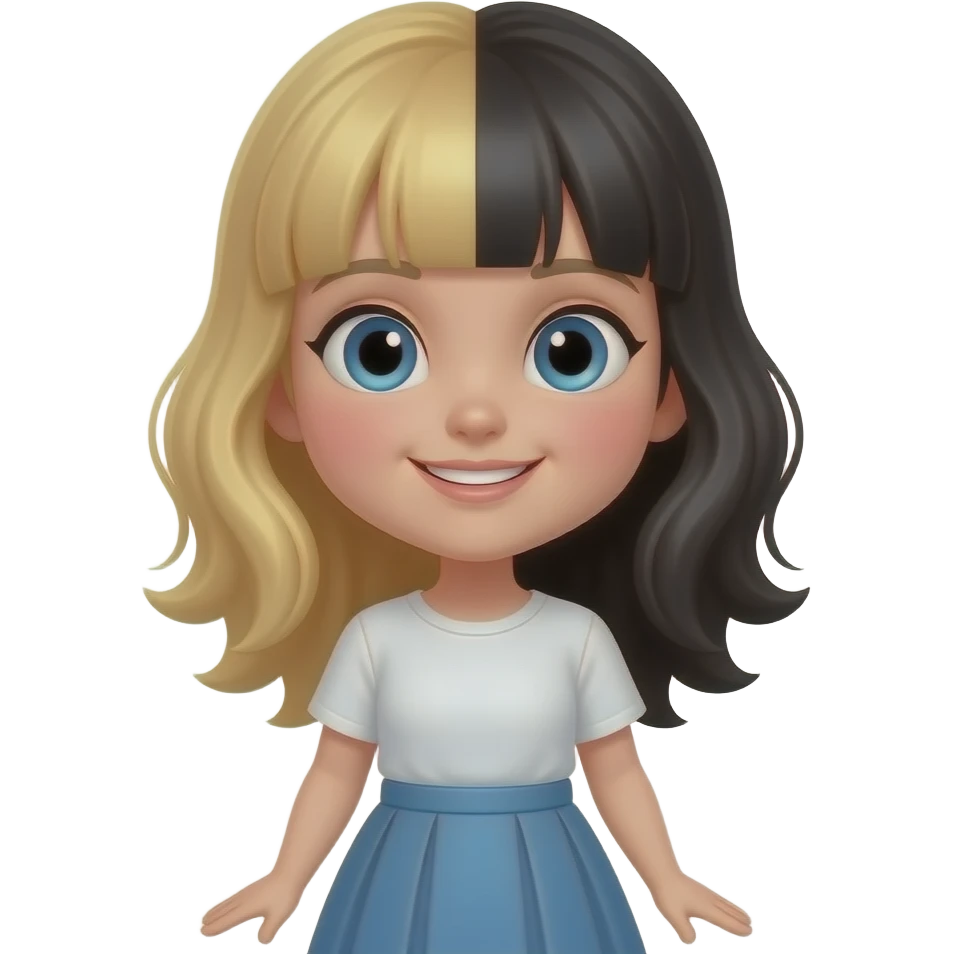 A girl with half blonde hair and half black hair split down the middle it’s a girl she has a tooth gap but it too big she is in a like top and skirt emoji