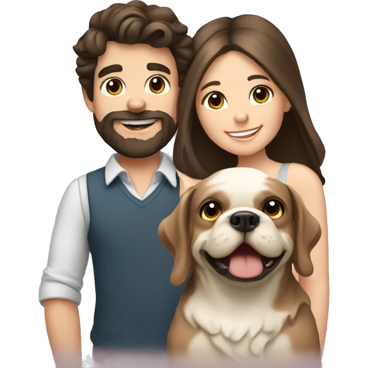 Brunette happy couple boy with beard and girl  with long hair with one cute beige French bull dog  emoji
