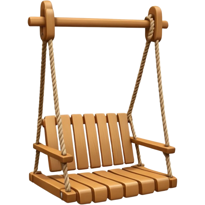 iOS-style 3D emoji: a wooden swing hanging from two ropes, suspended in mid-air, with soft shadows and glossy highlights emoji