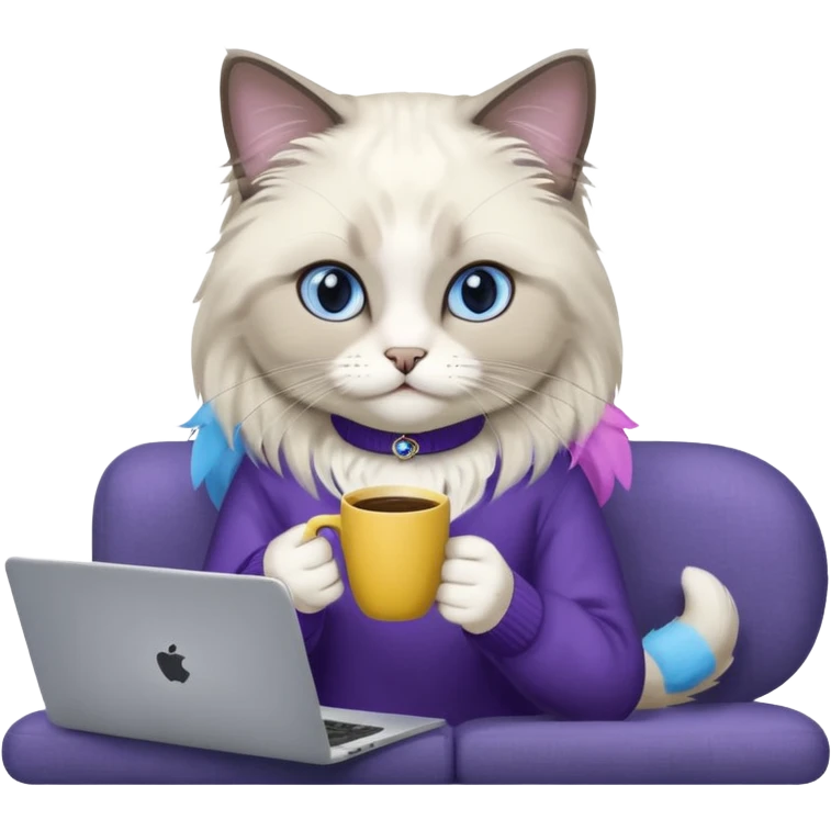 a cute blue eyed ragdoll cat wearing the dark violet sweater with yellow letteting "Milena" sitting on the grey sofa with grey laptop and drinking coffee emoji