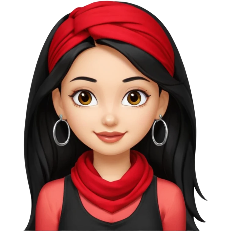 a pretty bratz girl with long black hair, kajal under eyes, small silver hoop. black tank top on. Red scarf around neck emoji