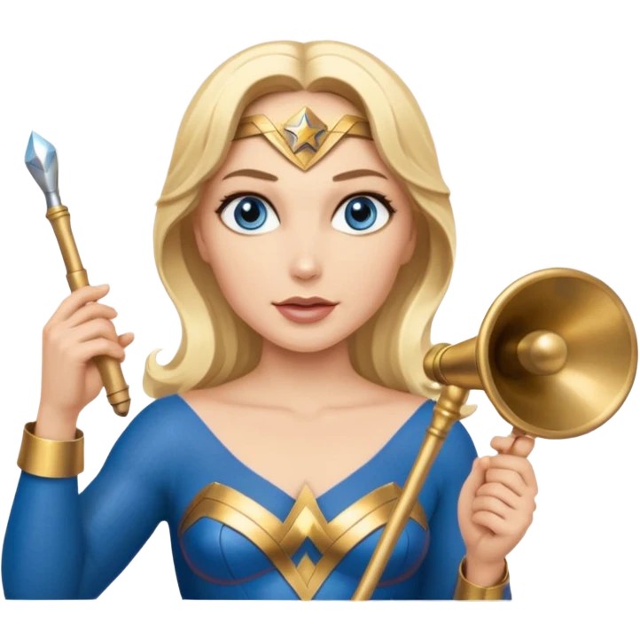 Blonde blue eyed Wonder Woman holding white orchestra conductor’s baton and bell emoji