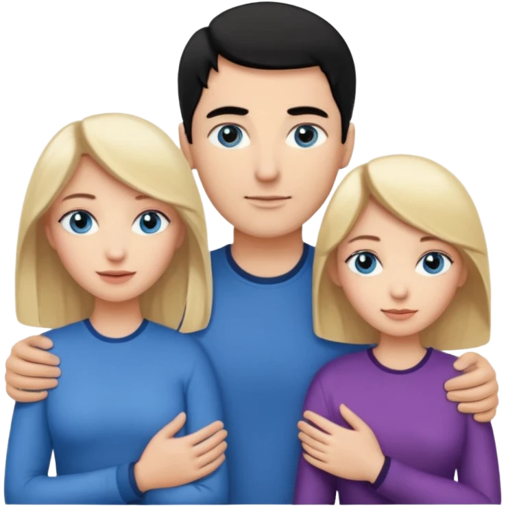 3 people. Blank woman with blond hair and blue eye color on left. And also a blank man with black hair and grey eye color in the middle. And a blank woman with brown hair and grey eye color on the right. Holding each other  emoji