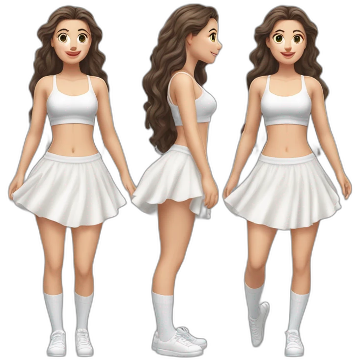 Hyperrealistic Full body Caucasian curvy beauty jumping short white skirt back and front views strong wind knickers long white socks emoji