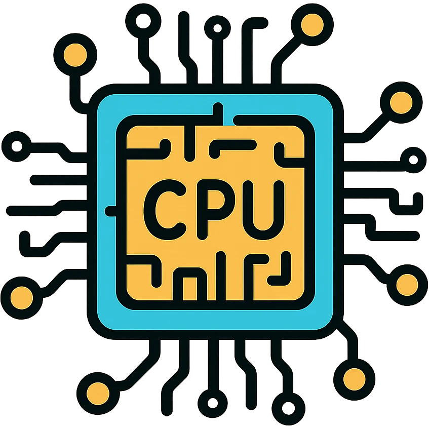 Central Processing Unit (CPU) microchip with detailed circuit patterns and technology elements. A modern processor chip icon with the text 'CPU' emoji
