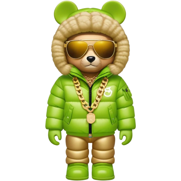 classic bearbrick wearing lime green mask with logo tags, oversized puffy down jacket with lavish fur hood, single-lens visor sunglasses, stacked gold chains, streetwear fashion icon emoji