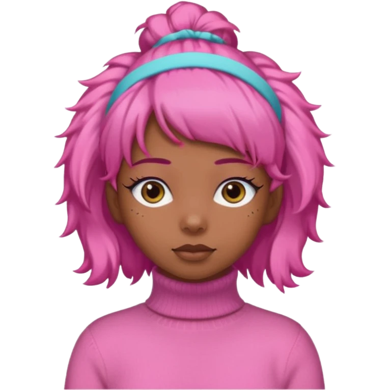 black fluffy haired girl with pink turtleneck sweater and pink hair band emoji