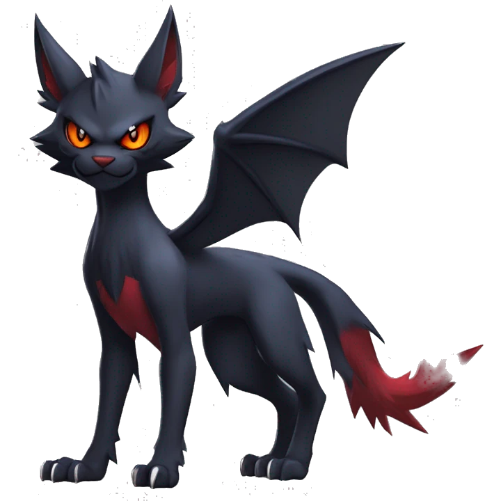   cool edgy beautiful fantasy anime-style dark animal vampiric Litten-Zoroark-Nargacuga-cat-hybrid Fakemon with big fangs and bat-ears full body emoji