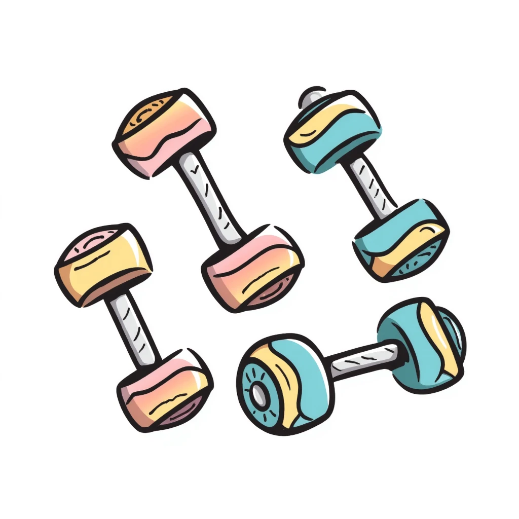 A set of fitness dumbbells with hexagonal ends in pastel colors (dd9fb0, ffc6d3, a3bfc9, c4bee2, f1b091), hand-drawn doodle style emoji