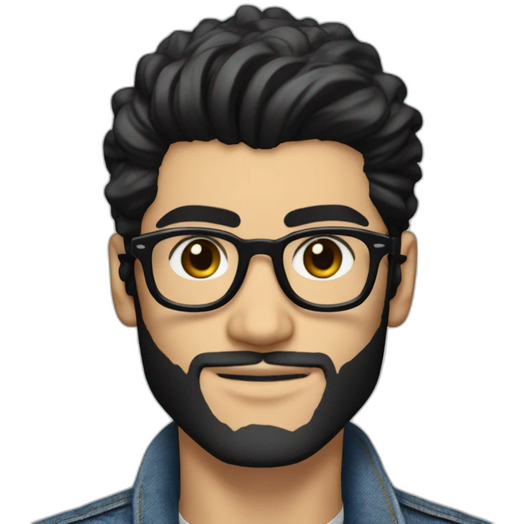 Generate an image of Zayn Malik looking effortlessly cool in a jean jacket, his black beard and hair impeccably styled, and donning a pair of trendy spectacles. emoji