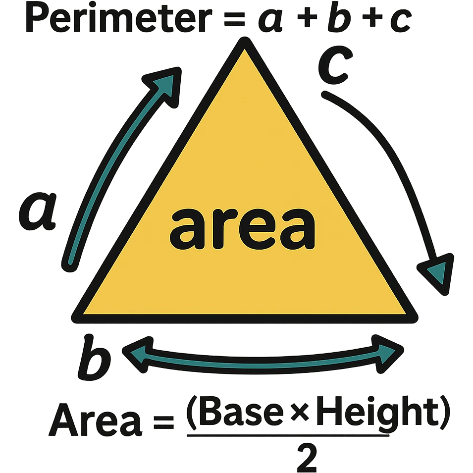 Add text labels: Perimeter = a + b + c, Area = (Base × Height) ÷ 2. Place the labels near the triangle and shaded region, suitable for grade 4. Keep the background transparent. emoji