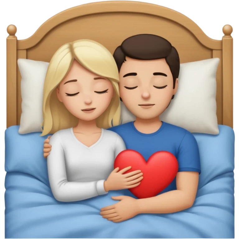 cuddling in bed, asleep. blonde girl. brunette man. eyes closed. heart between them. no headboard emoji