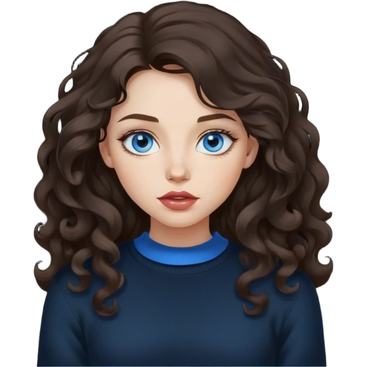 girl with long, lush, slightly curly dark brown hair, big lips and blue eyes, black sweater emoji