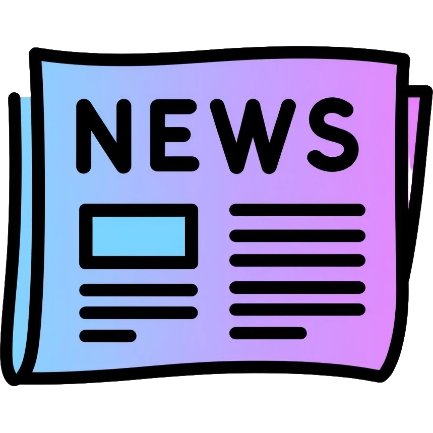 newspaper with headlines and neon glow effect, blue neon glow on top left, purple neon glow on bottom right emoji