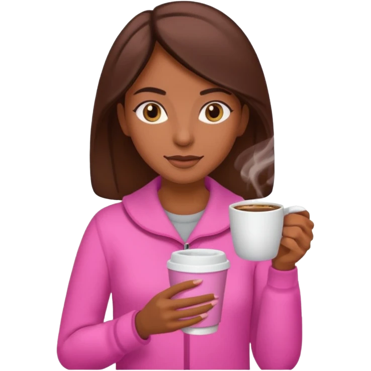 Mulher morena tomando café  com roupa rosa esfriando o café  emoji