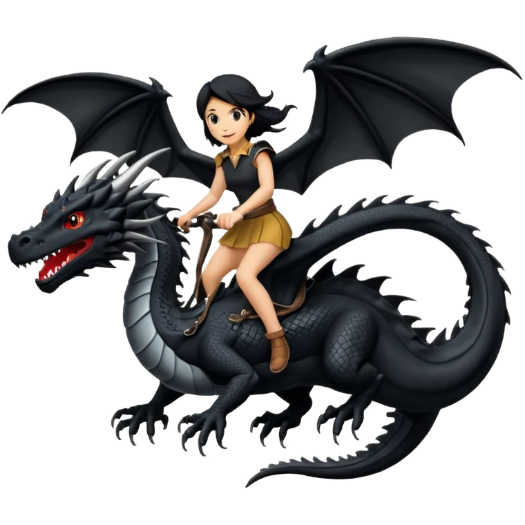 Super large black dragon flying with a  female rider on top of it emoji