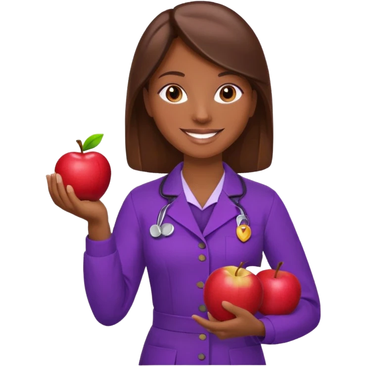 nutricionista castaña chocolate con uniforme morado, sonriendo, mientras sostiene una manzana roja con una mano. emoji