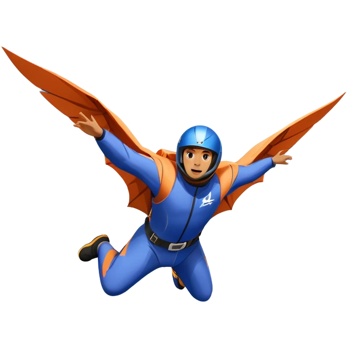 A daring wingsuit athlete soaring between towering mountains, with their wingsuit fully stretched, cutting through the air at high speed. The background features dramatic cliffs and a vast sky, emphasizing the thrill and freedom of base jumping. emoji