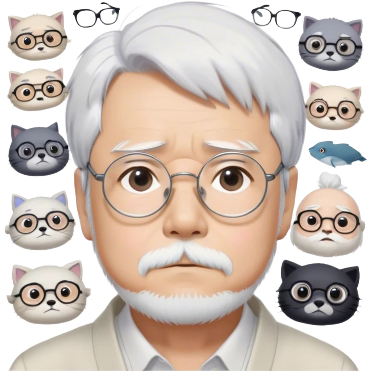 ​Cinematic Realistic Portrait of Hayao Miyazaki, depicted with striking white hair, defined black eyebrows, and large rectangular glasses, his thoughtful expression rendered in lifelike detail against a background of whimsical Studio Ghibli-inspired sketches, illuminated with soft, realistic lighting that emphasizes his creative genius, emoji