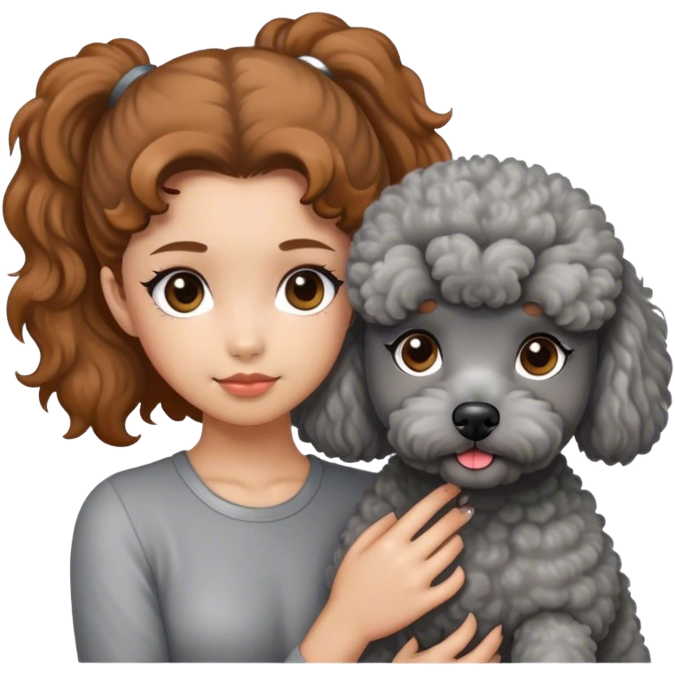 A girl with caramel brown ponytail holding a grey poodle emoji