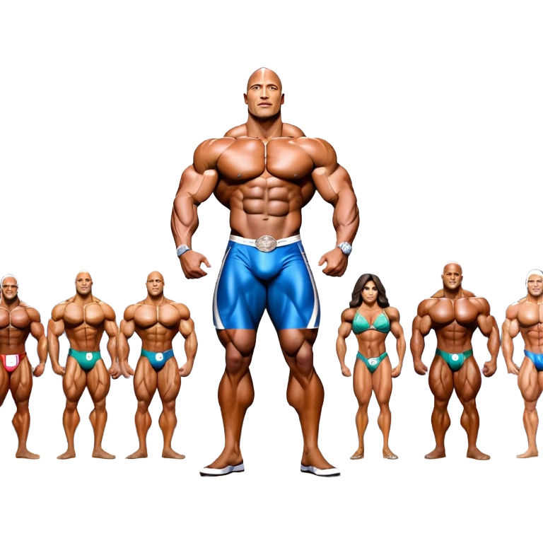 Dwayne Johnson, oiled and posing at the Mr. Universe bodybuilding championship, showcasing his muscular physique in an iconic display of strength. The background features the stage with judges and audience, capturing the intensity and prestige of the competition. Transparent background. emoji